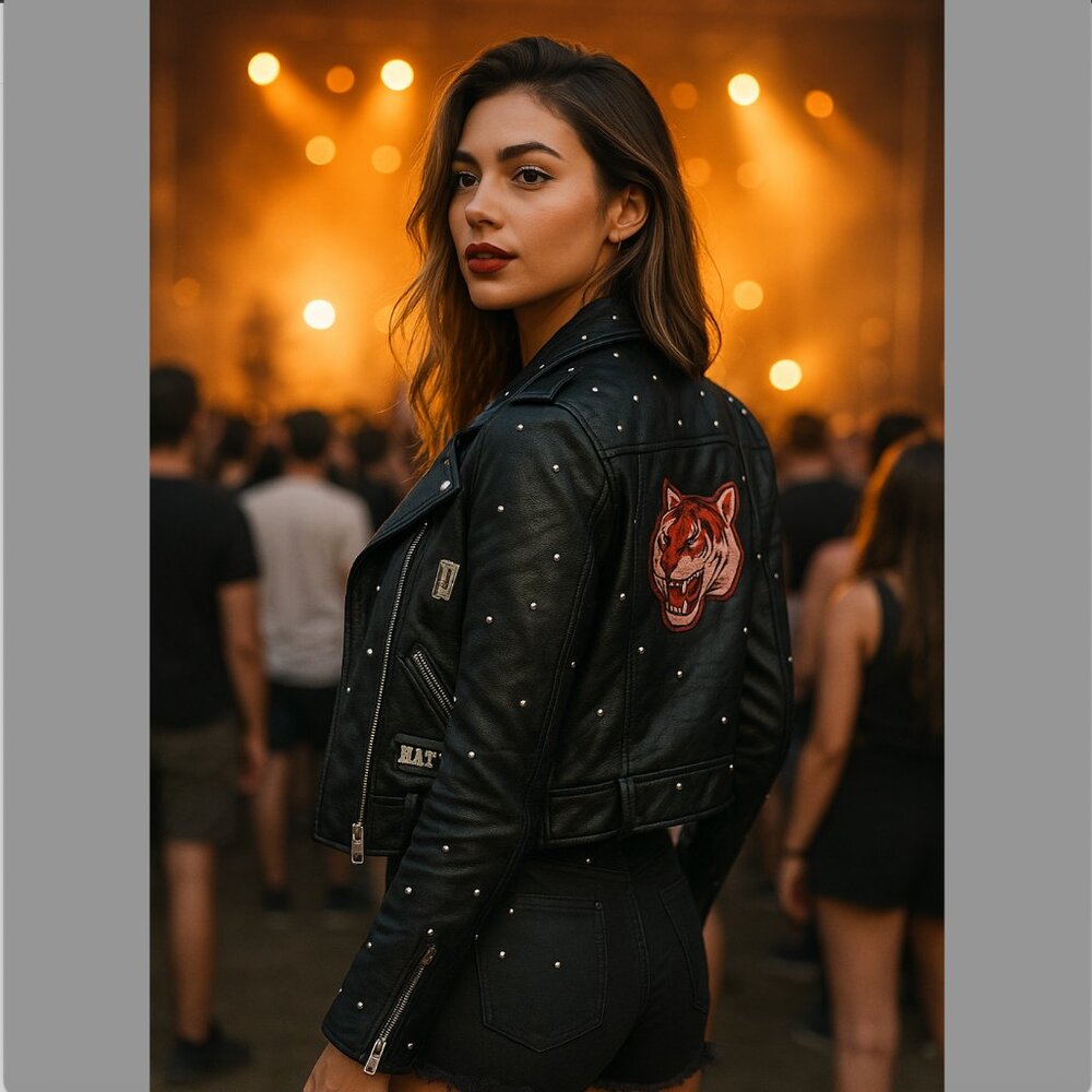 Women’s Leather Motorcycle Jacket Size Large – Black Studded Tiger Head Ci